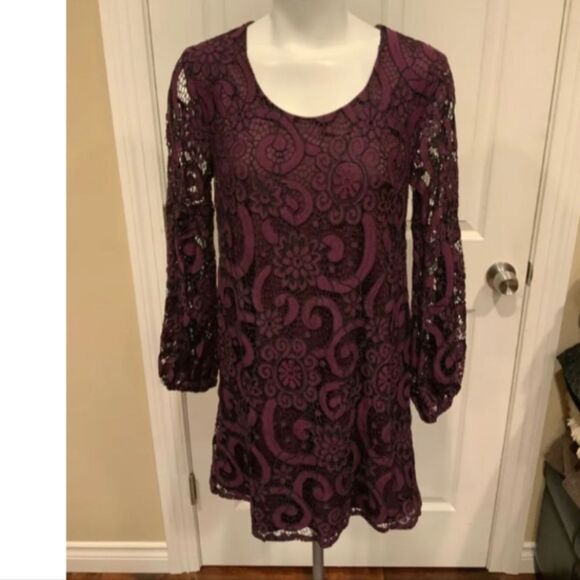 Anthropologie Sunday in Brooklyn Joy Purple with Black Lace Long Sleeve Dress XS - Picture 6 of 13